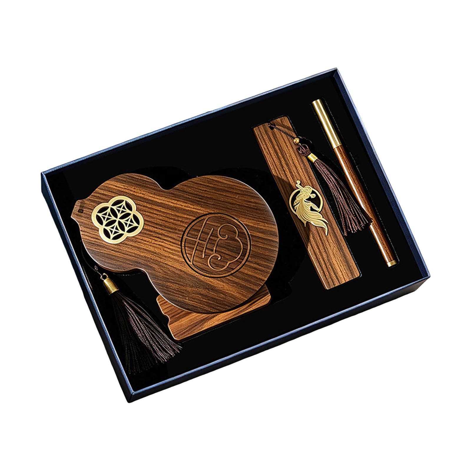 Set portapenne da scrivania in legno con segnalibro e penna, A | Organizer ispirazione cinese con aspetto legno per scrivanie da studio e da lavoro