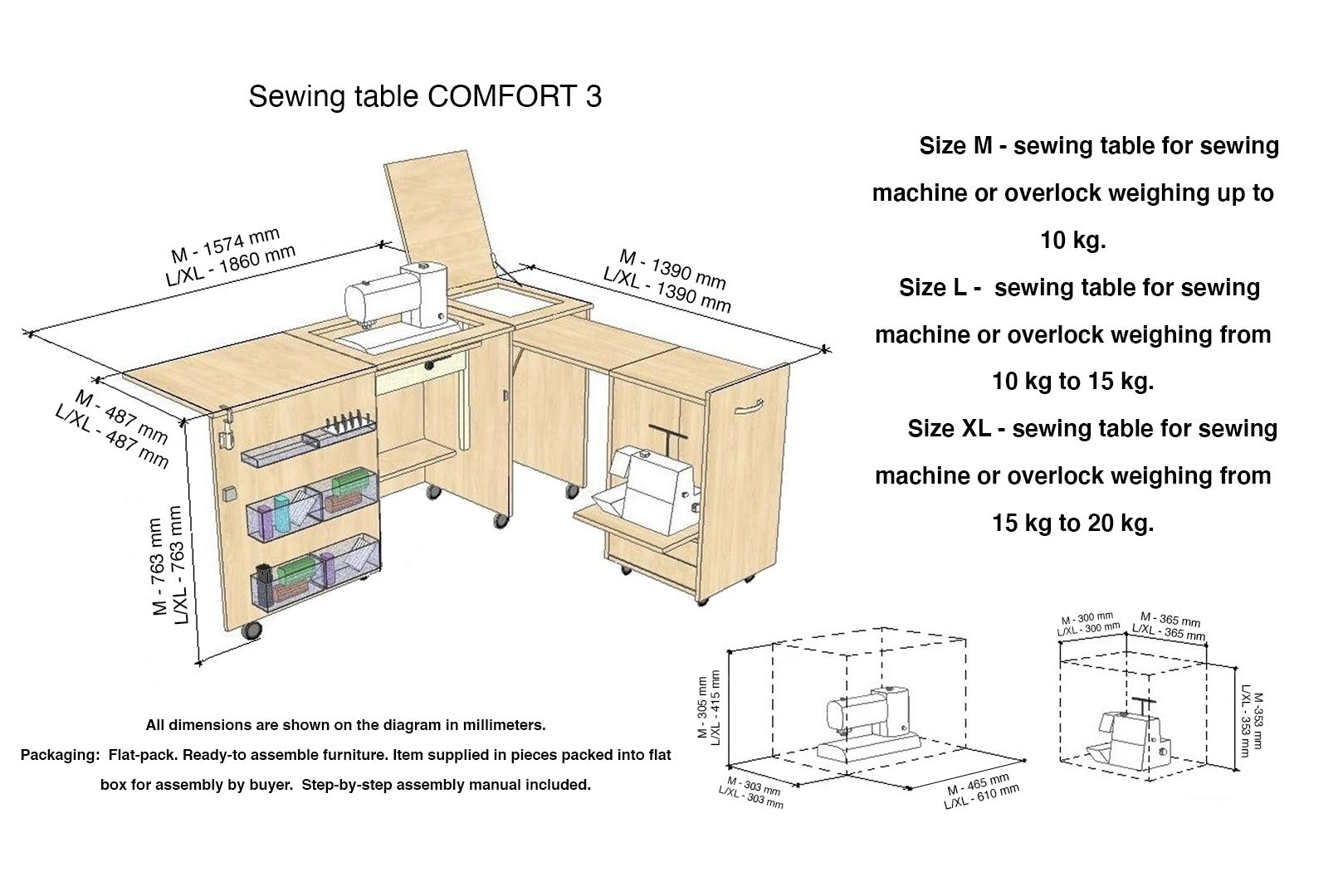 Comfort 3 | Table pour Machine à Coudre | (Oak Kendal Cognac, L (Air-Lift 10 to 15 kg))