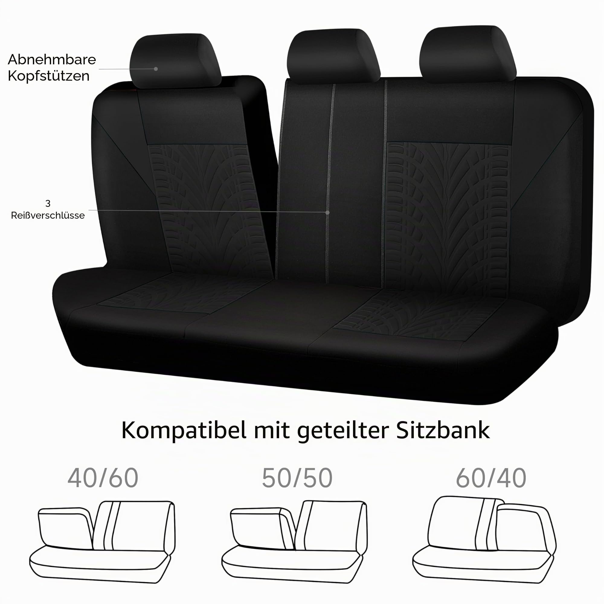 CAR PASS Autositzbezüge Komplettes Set, Vorder und Geteilte Rückbank, 3D Reifendruck Auto-Innenbezüge, Airbag Kompatibel, Schnelle Einrichtung, Universelle Passform(Komplettes, Alles Schwarz)