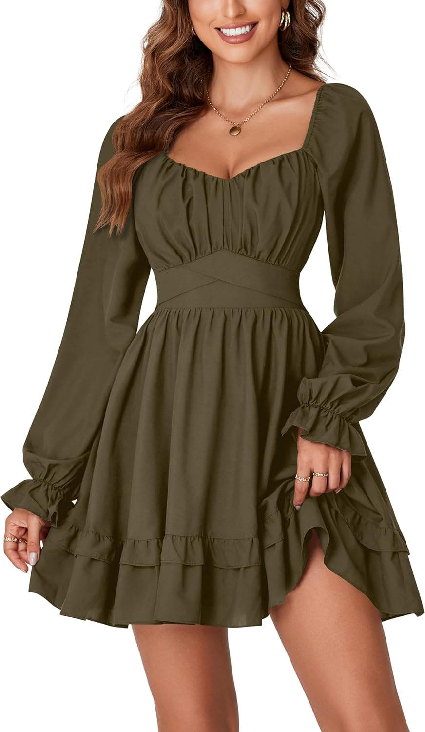 KIFOVEN Women's Lantern Long Sleeve Smocked Wrap Tiered Ruffle Flowy A Line Short Mini Dress