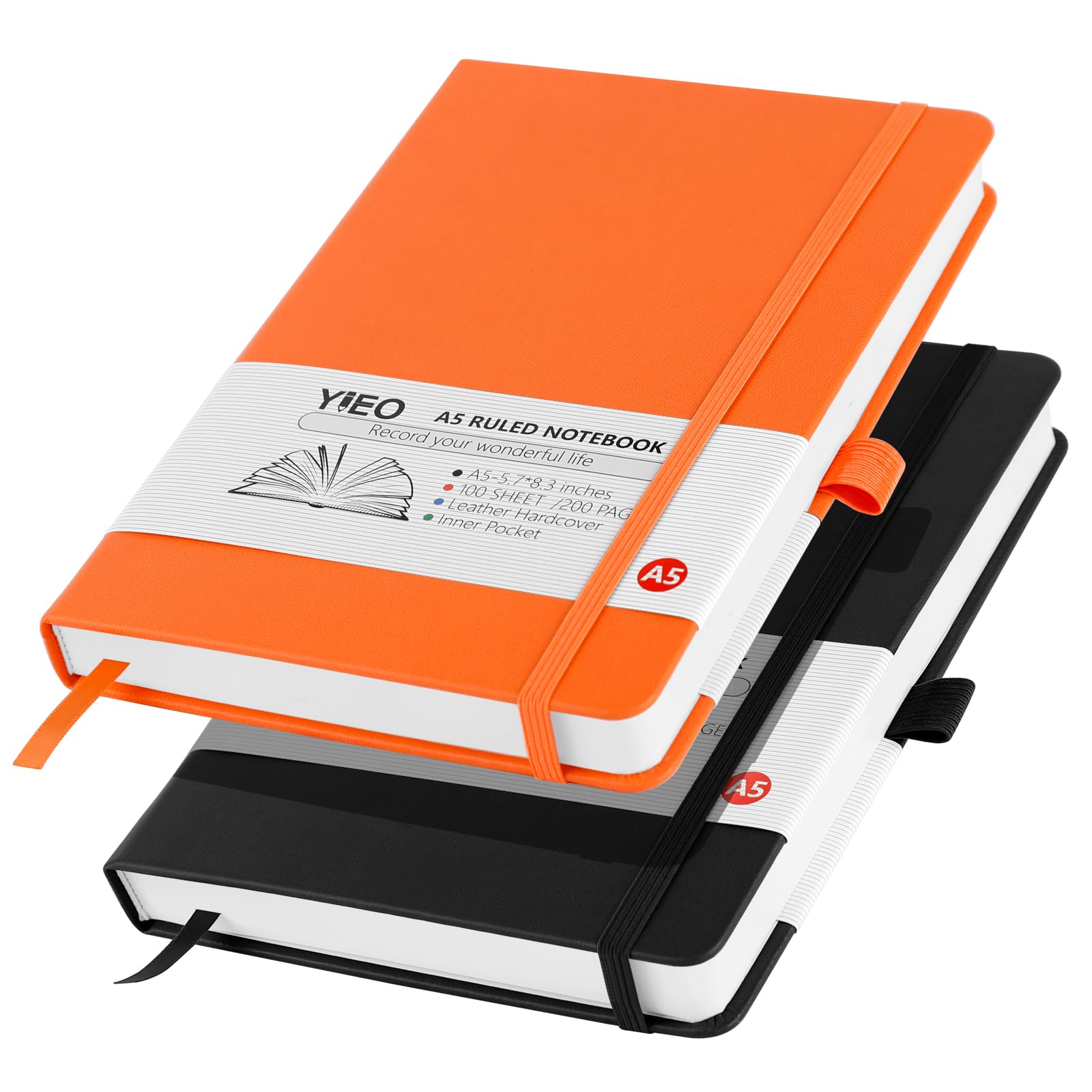 YIEO Notebook A5, 2 Pack Hardback Journal Notebook with 398 Lined Pages 80 GSM Leather Notepad with Bookmark