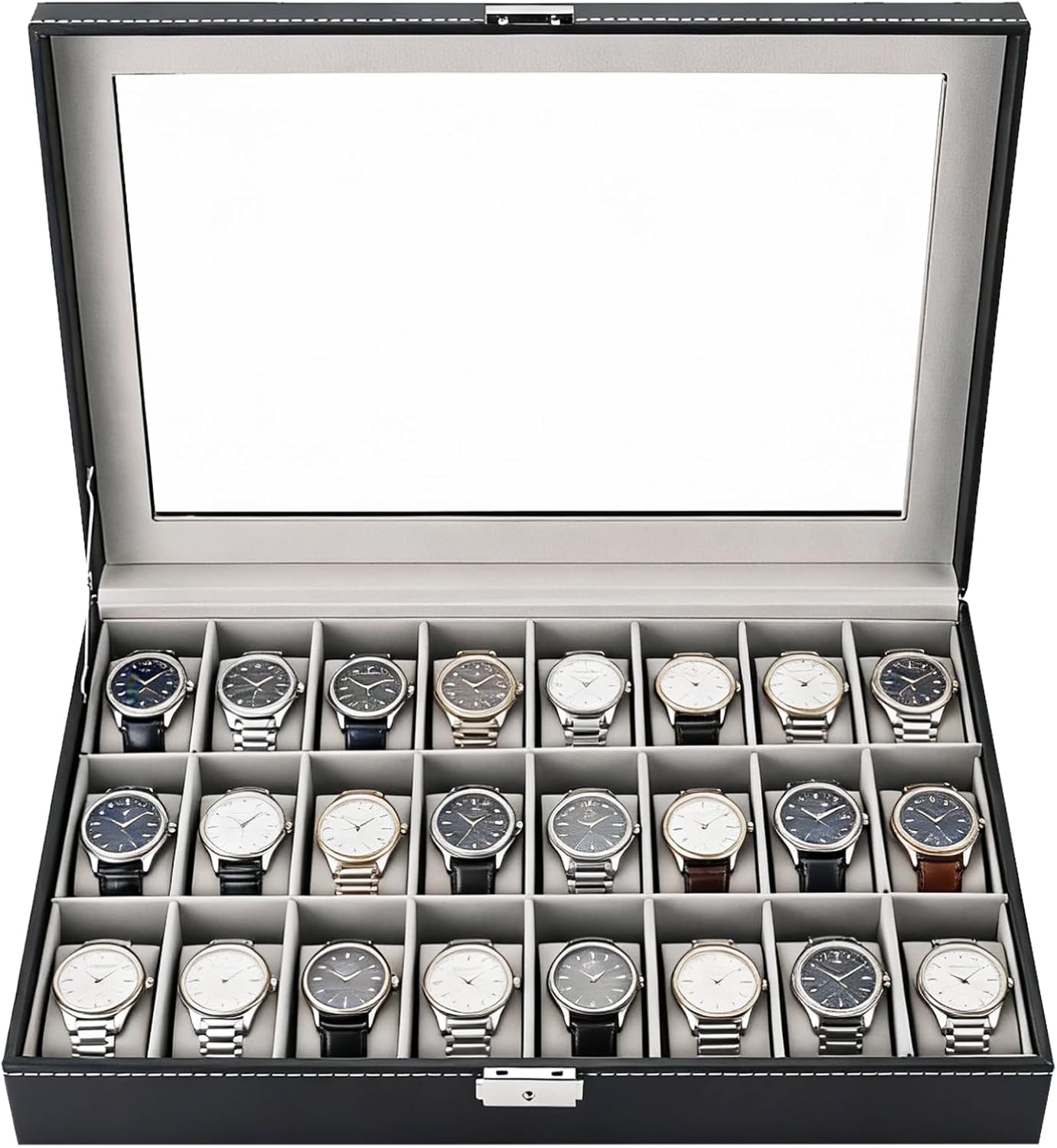 MAOPINER 24 Slot Watch Box with Glass Display Lid Watch Storage Case