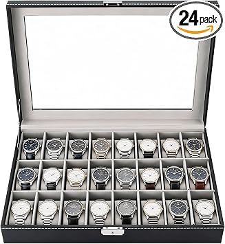 MAOPINER 24 Slot Watch Box with Glass Display Lid Watch Storage Case | PU Leather Watch Organizer with Removable Pillows, Lockable Wristwatch Display Case for Home Storage & Travel Protection