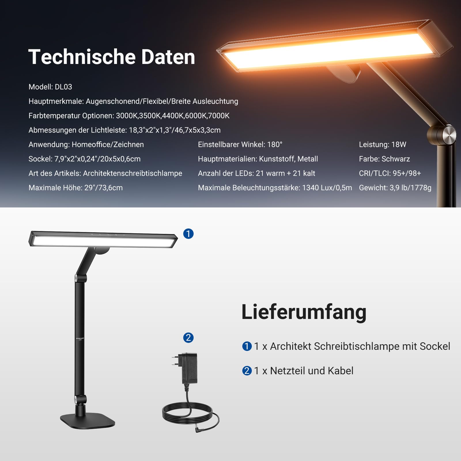 NEEWER Basics 18" Tischlicht mit Sockel für Homeoffice, 18W augenschonende LED dimmbare Deckenleuchte für Architekten, zweifarbig für Monitor Computer usw. 1340 Lux/0,5m, Touch Steuerung/CRI95+, DL03