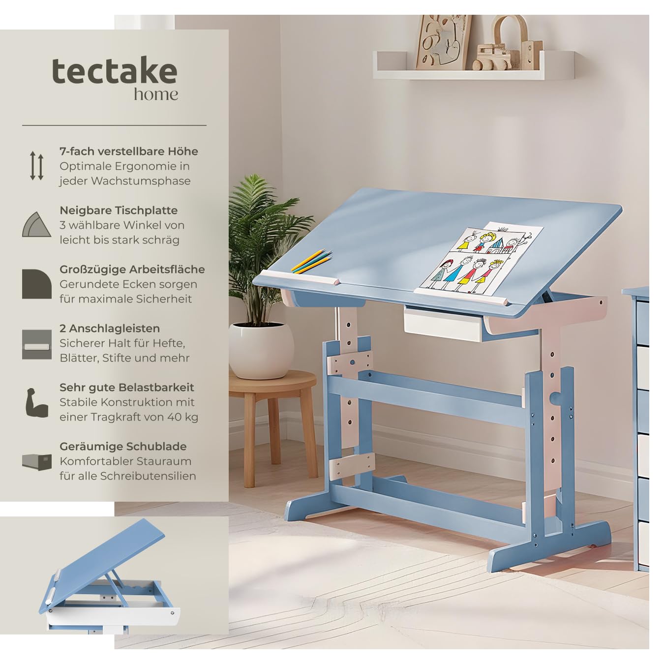 tectake® Kinderschreibtisch, Schreibtisch höhenverstellbar, Kindertisch mit Stauraum Schublade, Tischplatte neigbar, höhenverstellbarer Tisch, Arbeitszimmer für Kinder, Jugendzimmer - blau