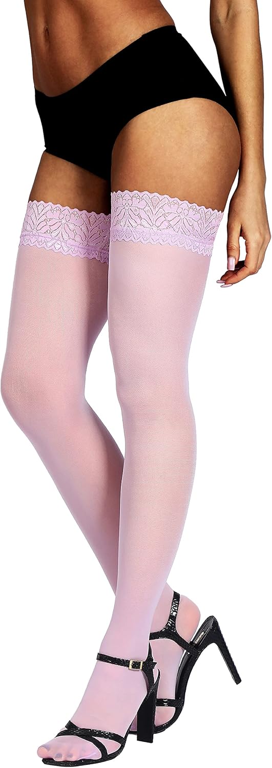 HONENNA Semi Sheer Stay Up Lingerie Thigh High Stockings Lace Top Size A-F