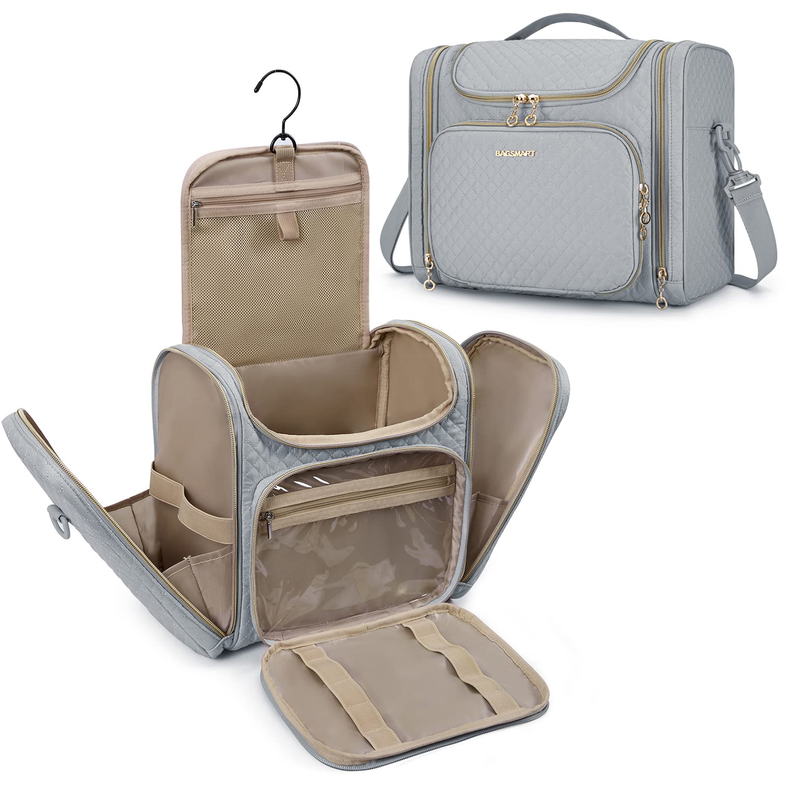 BAGSMART Neceser de viaje para mujer, bolsa de maquillaje resistente al agua, organizador de viaje de gran capacidad para artículos de tocador y cosméticos de tamaño completo, Gris, 12.2 x 6.9 x 10.4