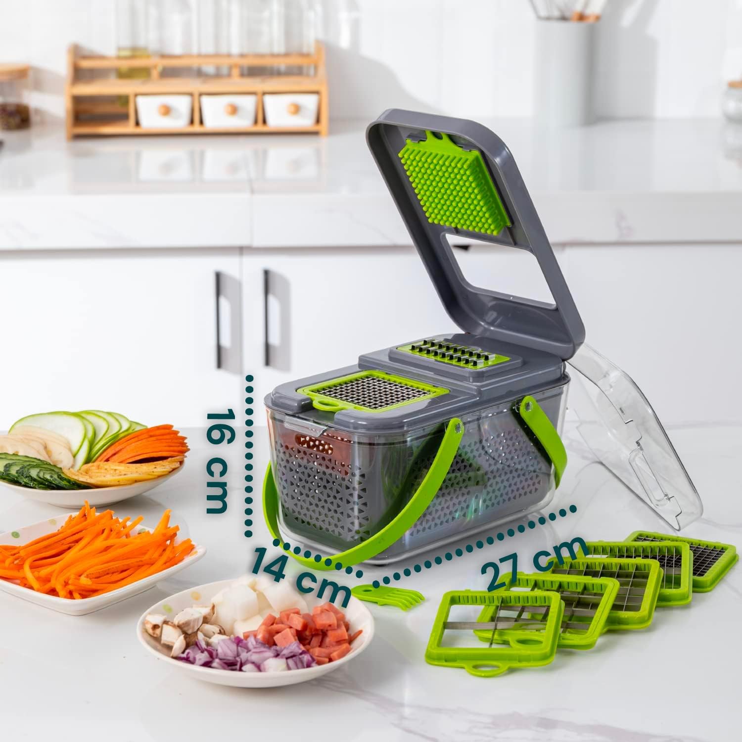 Multifunctional Vegetable Slicer with 7 Interchangeable Blades, Built-in Container for Slicing and Chopping, Safe Kitchen Use, Fast and Precise Cutting for