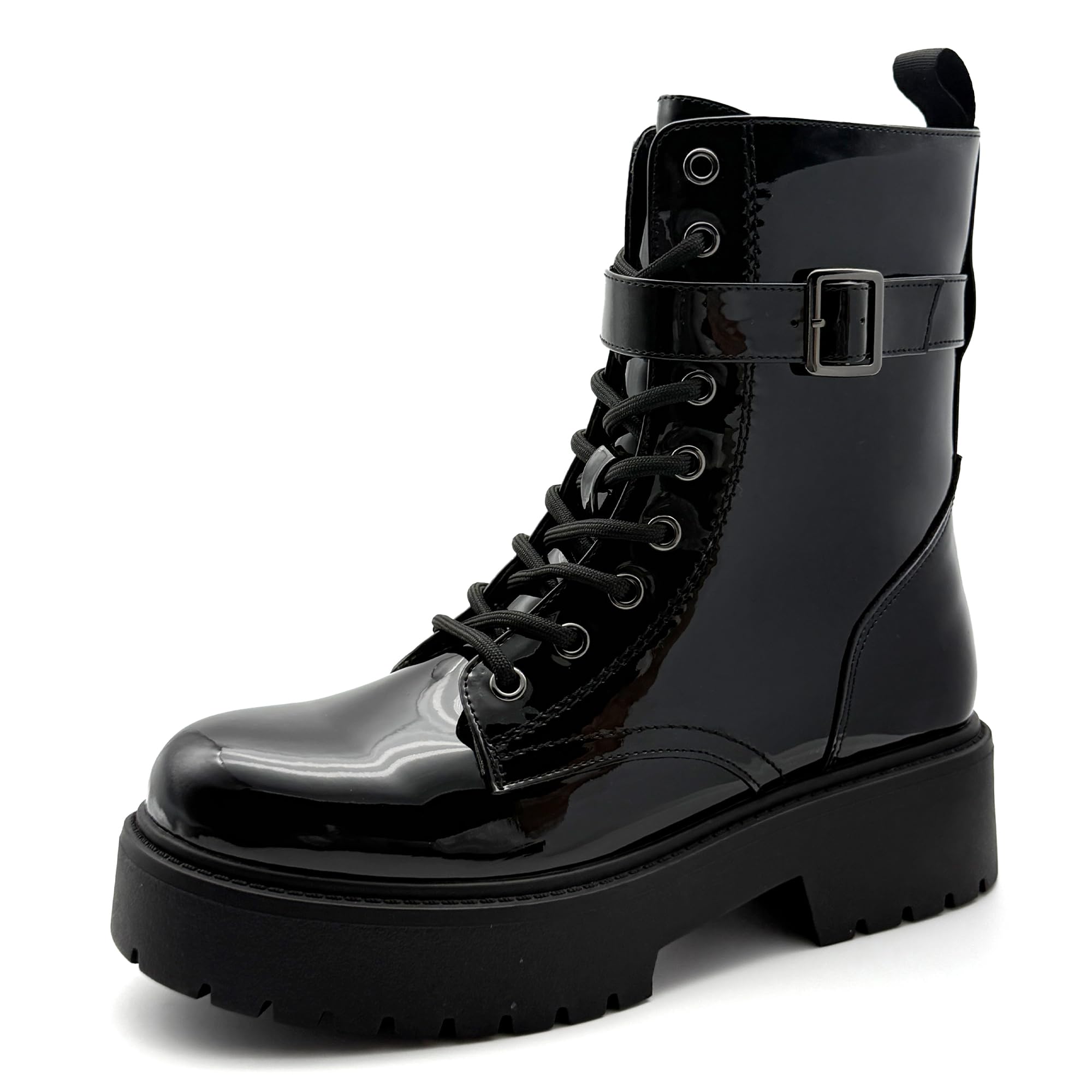 Womens Chunky Heel Black Patent Leather Combat Boots Ankle Booties with Side Zipper Lace-Up Detail Stylish Edgy Comfortable
