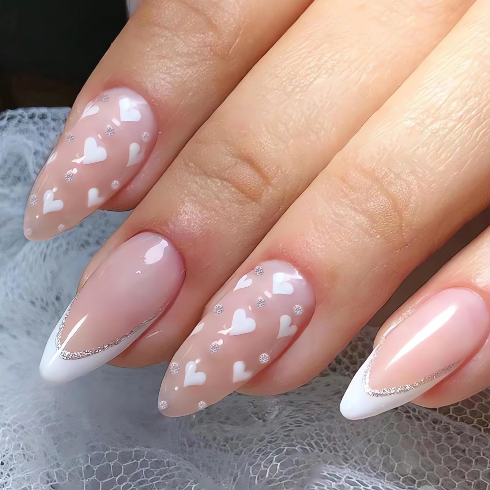 24Pcs White French Tip Press on Nails Almond Medium Fake Nails Full Cover White Glitter Heart Glue on Nails Cute Design Valentine’s Day Stick on Nails