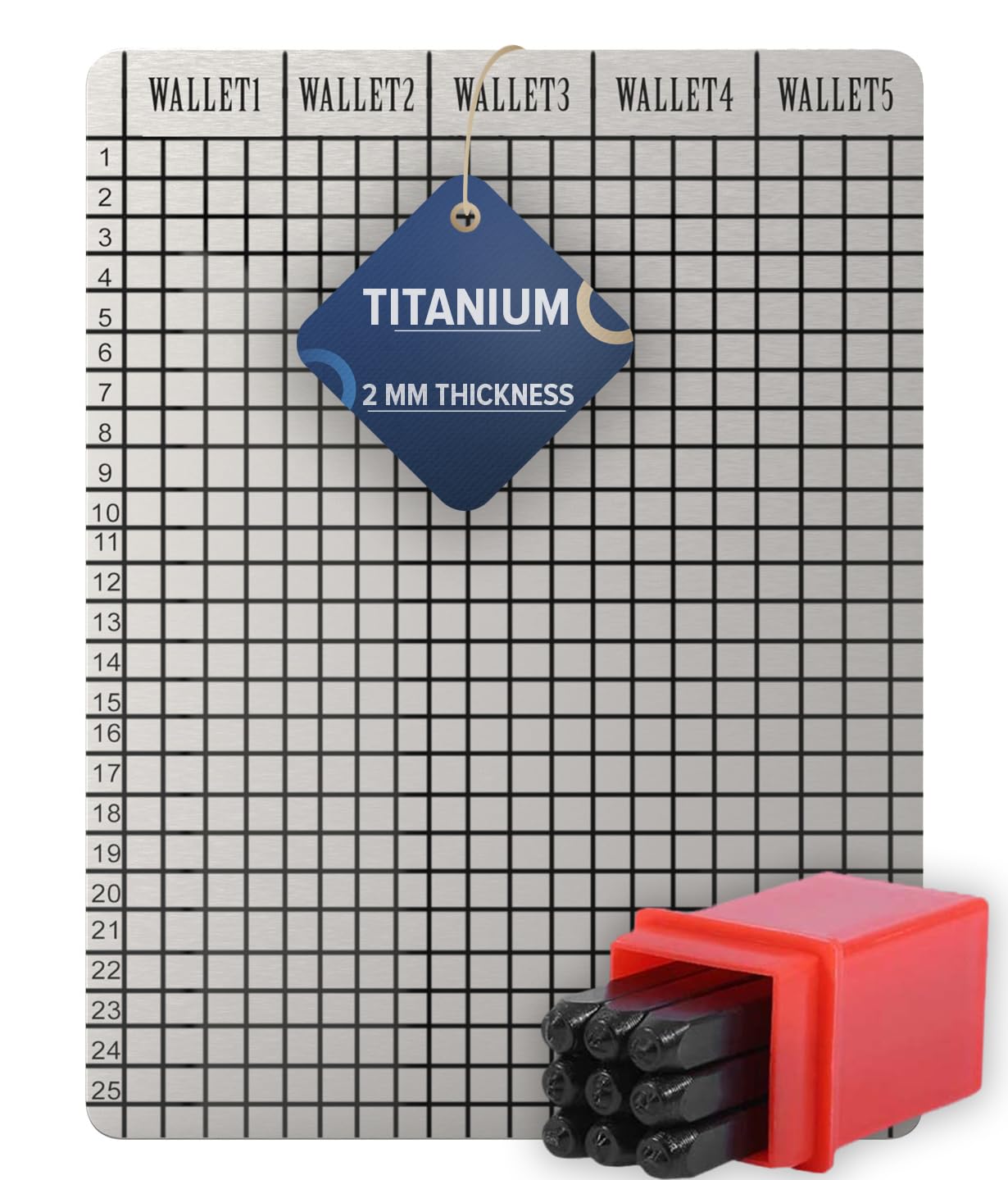 Placa de titanio para 5 monederos, frases seguras, sin conexión, Bitcoin Ethereum, recuperación de criptomonedas, palabras perforables o grabables con perforadoras numéricas, 9 unidades