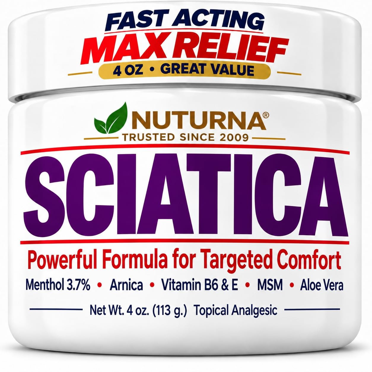 Sciatica Nerve Cream - Μέγιστη αντοχή Κρέμα άνεσης για τα πόδια, τα χέρια, τα πόδια, τα δάχτυλα, την πλάτη - Φυσική Ultra Strength Arnica, MSM, Menthol, Καταπραϋντική άνεση, Μεγάλο 4 Oz