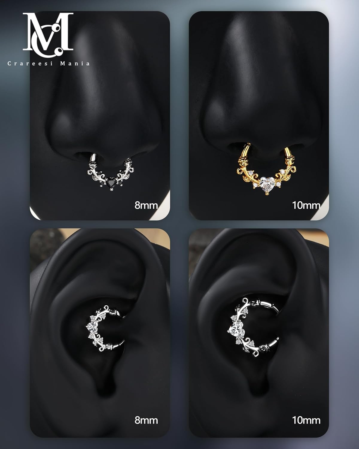 CM Crareesi Mania Rose Septum Rings 16G Septum Piercing Jewelry 316L Stainless Steel Daith Piercing Jewelry Heart Daith Earrings for Women - Image 6