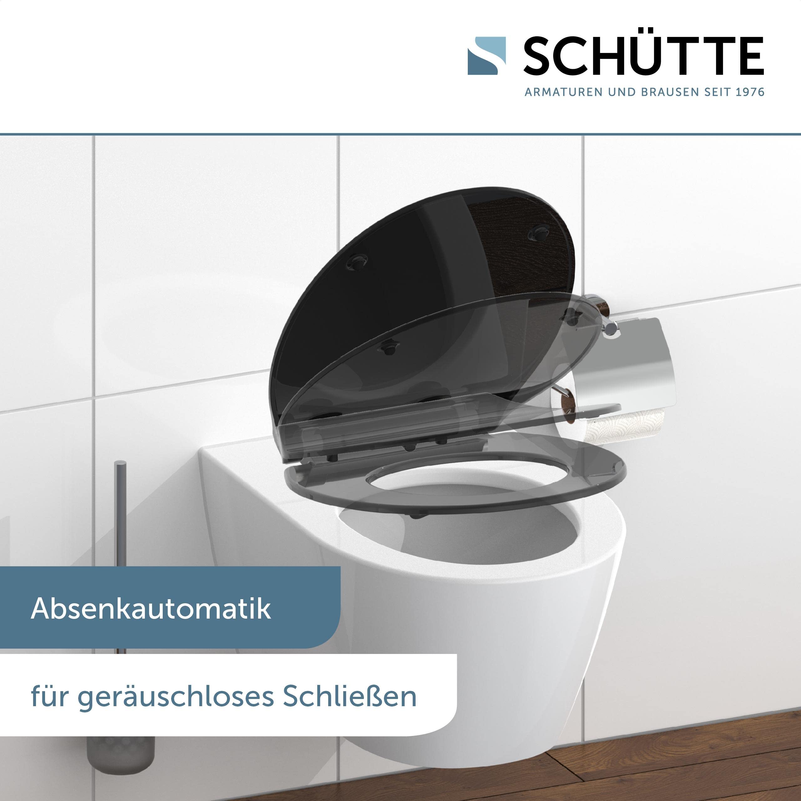 SCHÜTTE SLIM WC-Sitz | Duroplast Toilettensitz mit Absenkautomatik | Toilettendeckel mit Schnellverschluss für einfache Reinigung | Klobrille geprüft bis 175kg Belastbarkeit | Schwarz