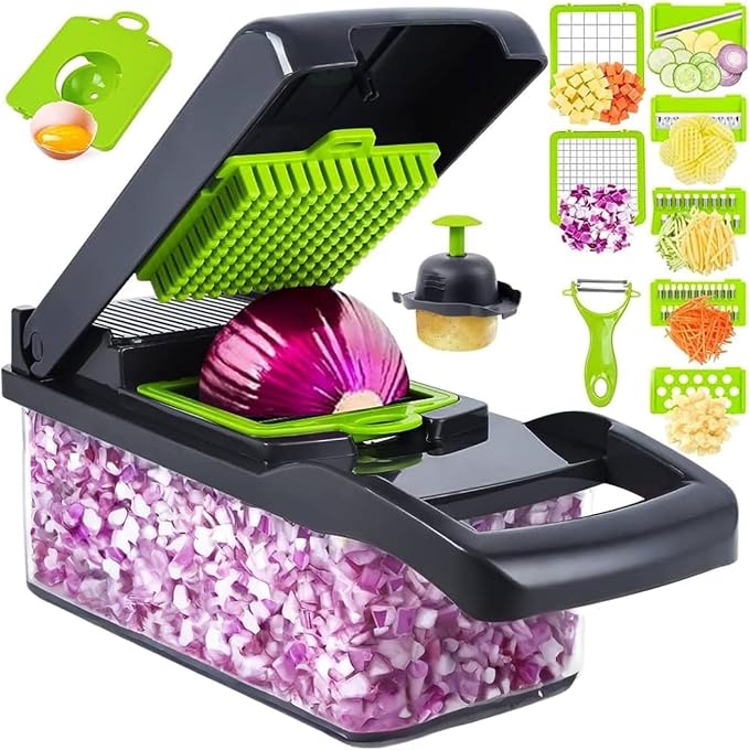 Vegetable Chopper with Container - Cheese Grater Hand Crank - Mandoline Slicer for Veggies, Onions, Fruit, Potatoes - Salad Chopper -14 in 1 Veggie Chopper