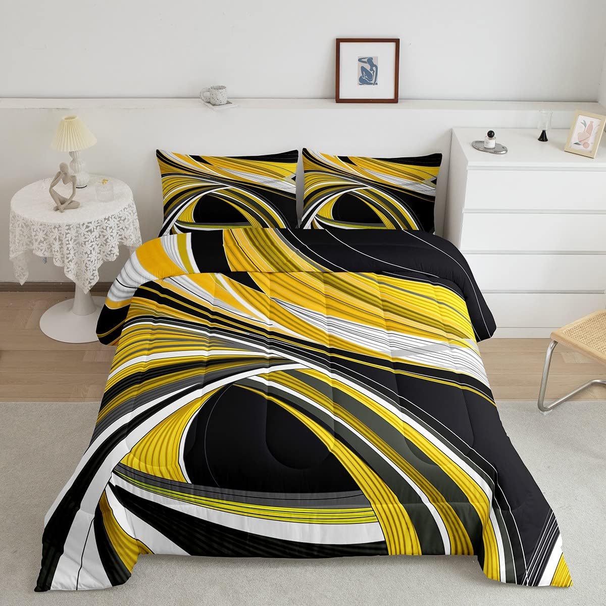 Feelyou Black Yellow Metal Art Comforter Set Retro Geometry Comforter Retro Stripe Swirl Bedding Set Stripe Swirl Line Art Duvet Set Queen Size Quilt 3Pcs Boys Multi 08 Queen