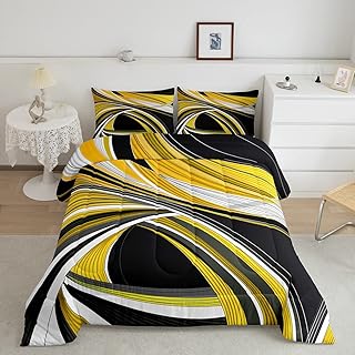 Black Yellow Metal Art Comforter Set Retro Geometry Comforter Retro Stripe Swirl Bedding Set Stripe Swirl Line Art Duvet Set Full Size Quilt 3Pcs Boys