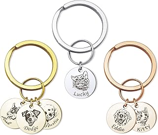 Anavia Personalized Pet Portrait Keychain, Customized Pet Photo Handmade Engraved Cat Dog Memorial Keepsake Sympathy Gifts (Silver - 1 Disc)