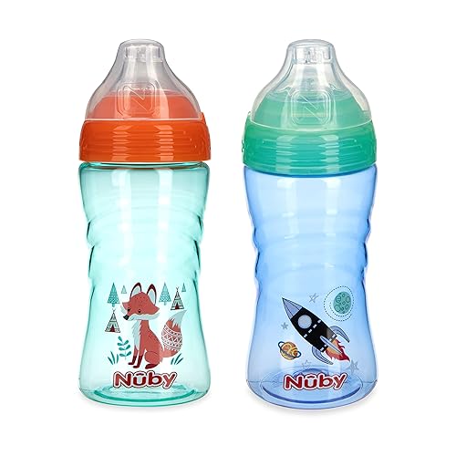 Nuby 2 Pack No Spill Printed Thirsty Kids No-Spill Sip-it Sport Cup with Soft Spout and Lid - 12oz, 12+ Months,2 Count(Pack of 1),Print May Vary - Assorted