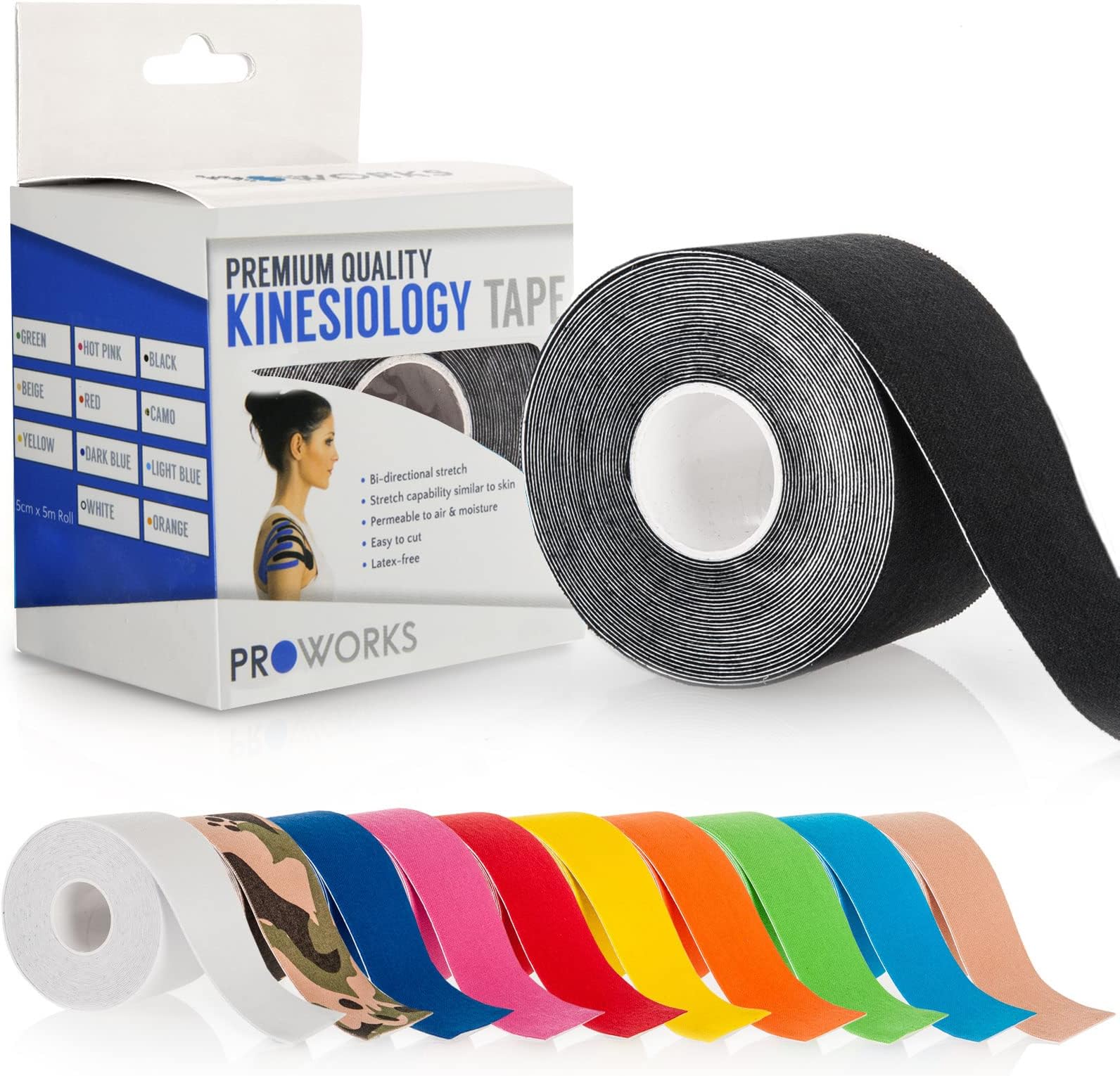 Proworks Kinesiology Tape | 5m Roll of Elastic Muscle Support Tape for Exercise, Sports & Injury Recovery - Black