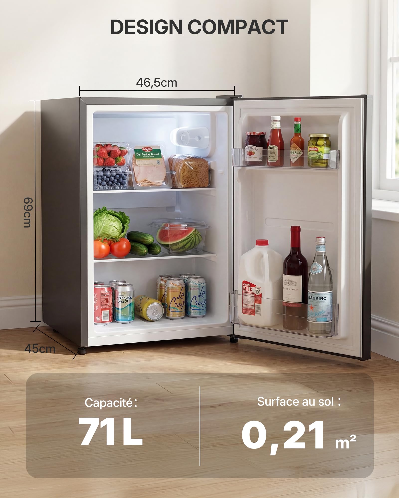 Upstreman CR71-Gris Foncé Réfrigérateur 71L Silencieux 40 dB Éclairage LED Réglage Température 1-10°C