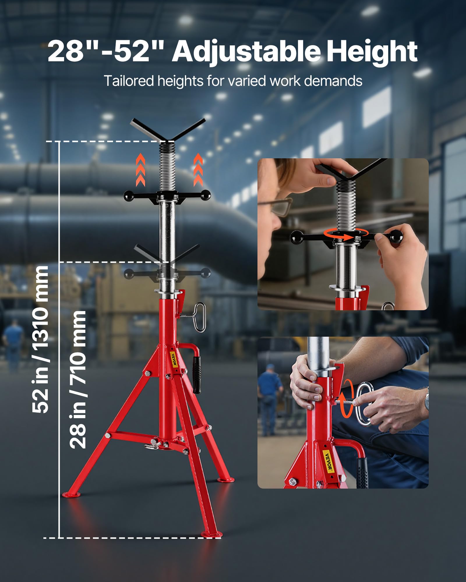 VEVOR Soporte para Tubos con Cabezal en V 1/8"-12" Altura Ajustable 28"-52" Soporte para Tubos Capacidad de Carga de 1134 kg Soportes de Tubo Plegable Portátil Carcasa de Acero al Carbono