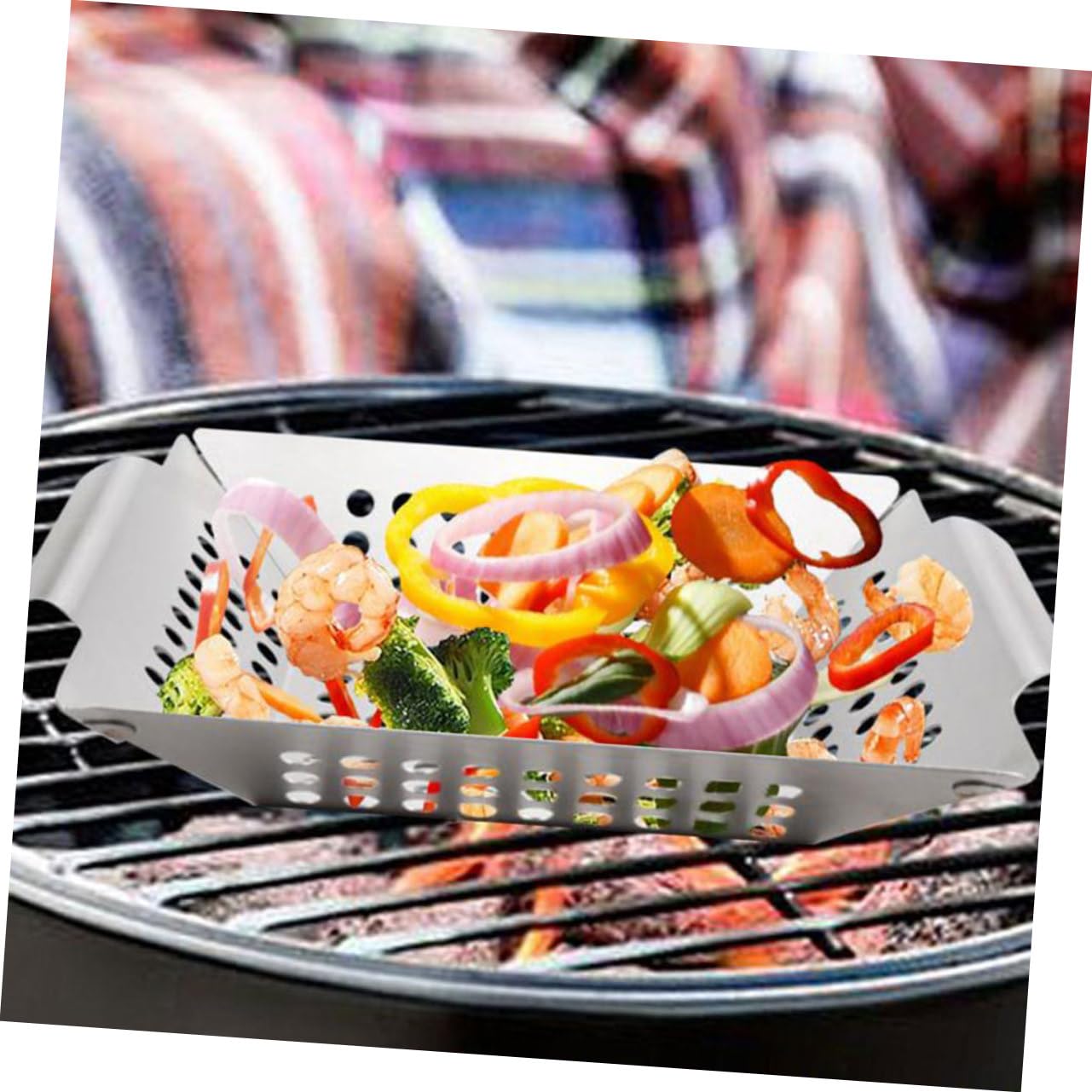 Griglia per barbecue in acciaio inox con doppi manici, padella portatile per campeggio all'aperto e cucina al chiuso, ideale per carne, verdure e pesce, facile da pulire