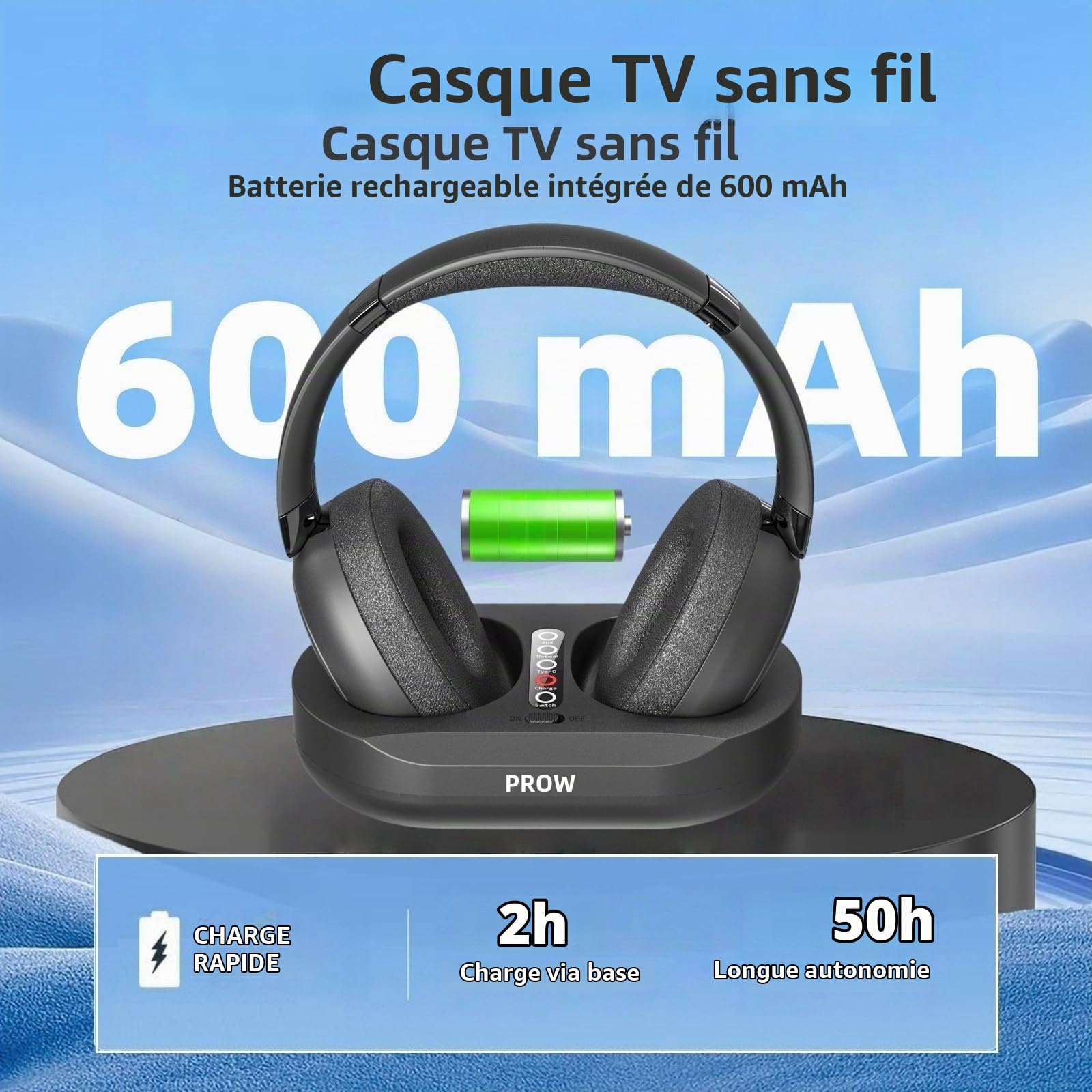 PROW Casque TV sans Fil, 2.4G et Bluetooth 5.3 Technologie bi-Mode Casque TV pour Personnes Âgées, Auriculaire sans Retard de Synchronisation, avec Base émettrice, Support Fibre Optique/USB/RCA/BT