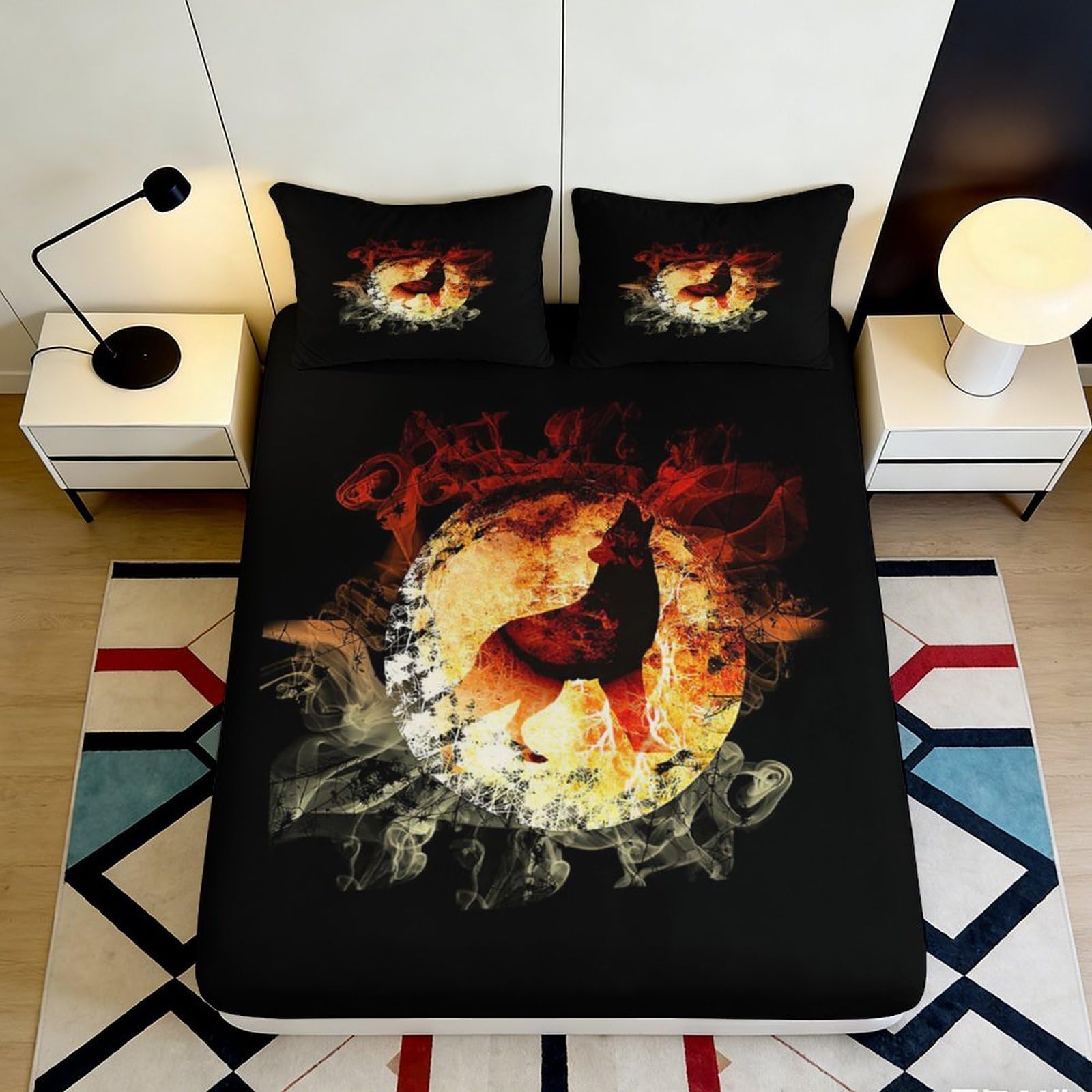 Decorative wolf flame Fitted Sheet, 3D Printed soft touch, Microfiber, black Bed Sheet for home bedroom, guest room bedding, wrinkle resistant, easy care 180x200x25cm