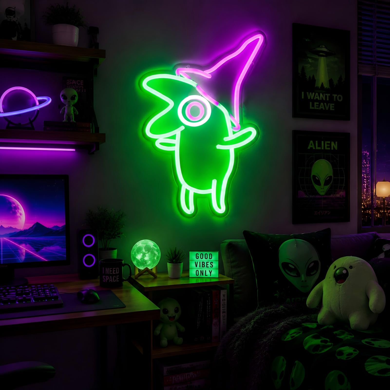 Letrero de neón verde de dibujos animados para dormitorio, sala de juegos de anime, cueva de hombre