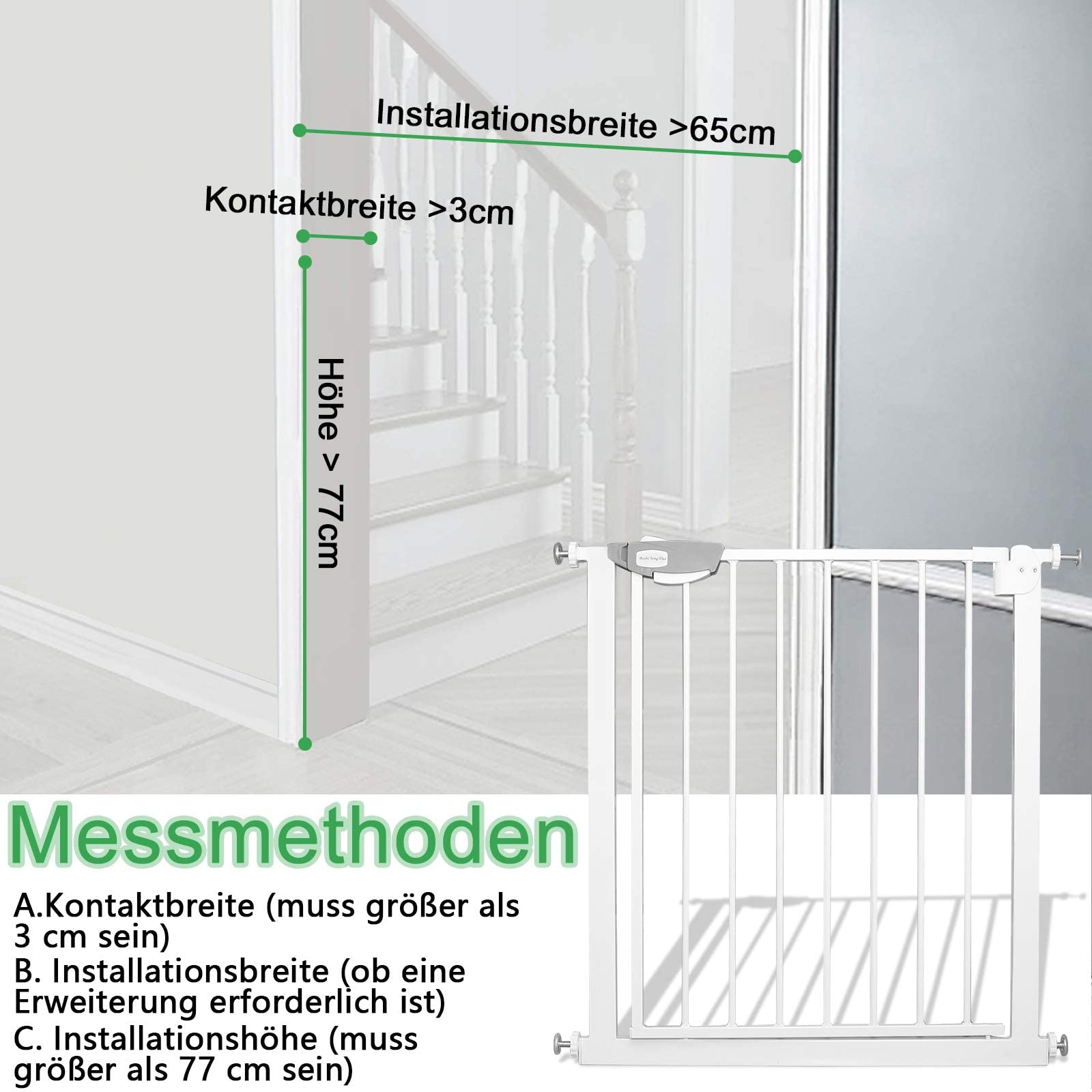 FIVMEN Barrera de Seguridad de Niños Puerta de Seguridad para Puertas y Escaleras Sin Perforación con Cierre Automático Barandilla Escalera para Perros y Bebés 85-95cm (Blanco)