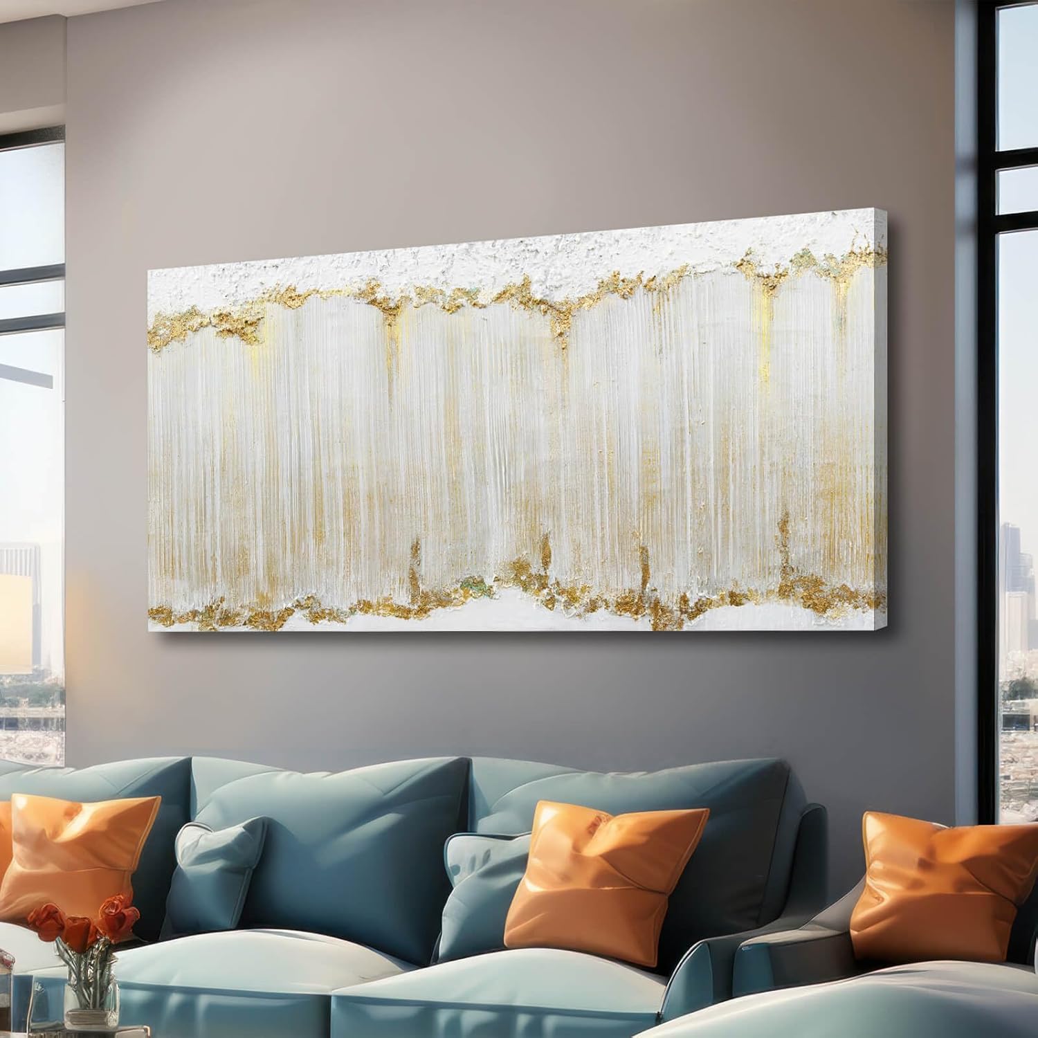 Home Decor White Abstract Wall Decor Large Framed Canvas Wall Art for Living Room Gold Painting White Wave Contemporary Art for Bedroom 29x58 Inch
