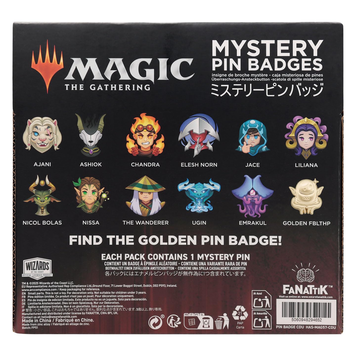 Magic: The Gathering Mystery Pins CDU Blind Boxes - Set di 12 distintivi da collezione con licenza ufficiale - Metallo smaltato duro e include esclusivo Fblthp dorato