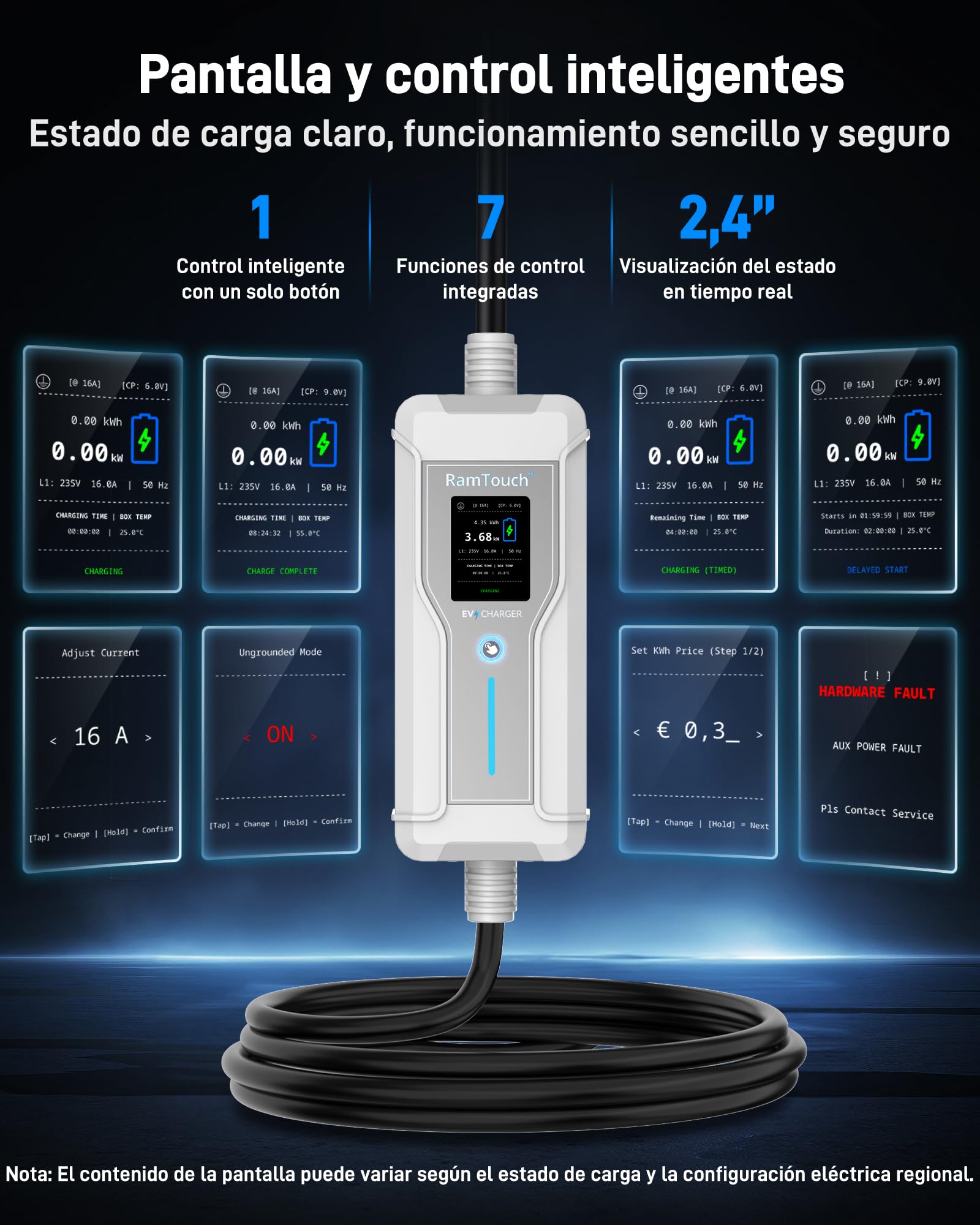 Cargador EV (3,7 kW, 16 A, 7,5 m) | CEE Azul Camping 16A a Tipo 2 | Monofásico | IP67 | 6–16 A | Timer + inicio diferido | LCD 2,4" | RCD CA/CC | Cable Modo 2 / wallbox móvil | para VE y PHEV