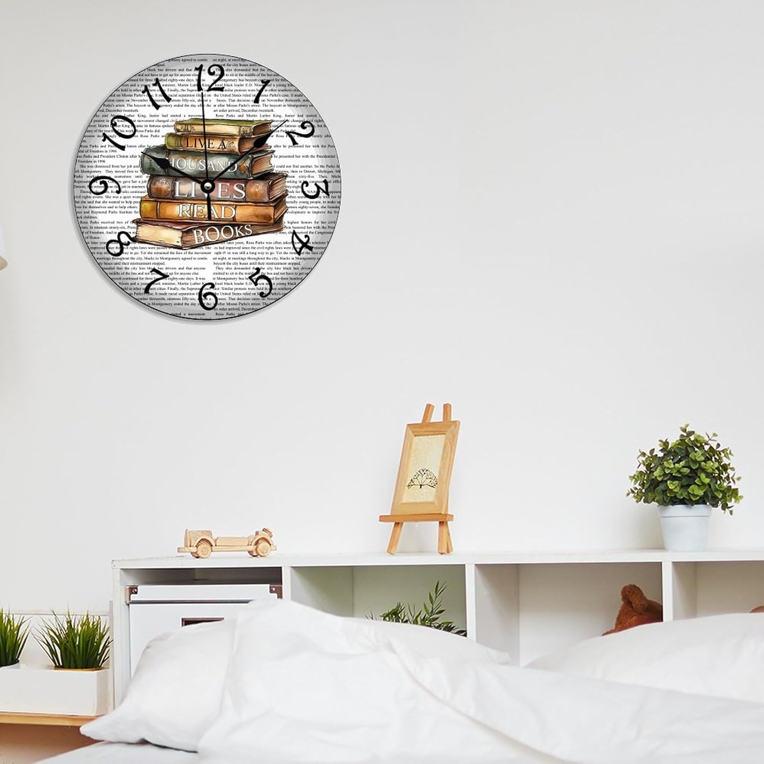 Books Wall Clock 15x15 Inches Farmhouse Kitchen Decor Gifts Bedroom PVC Clock Battery Operated Retro Wall Hanging PVC Wall Clocks for Living Room School Classroom