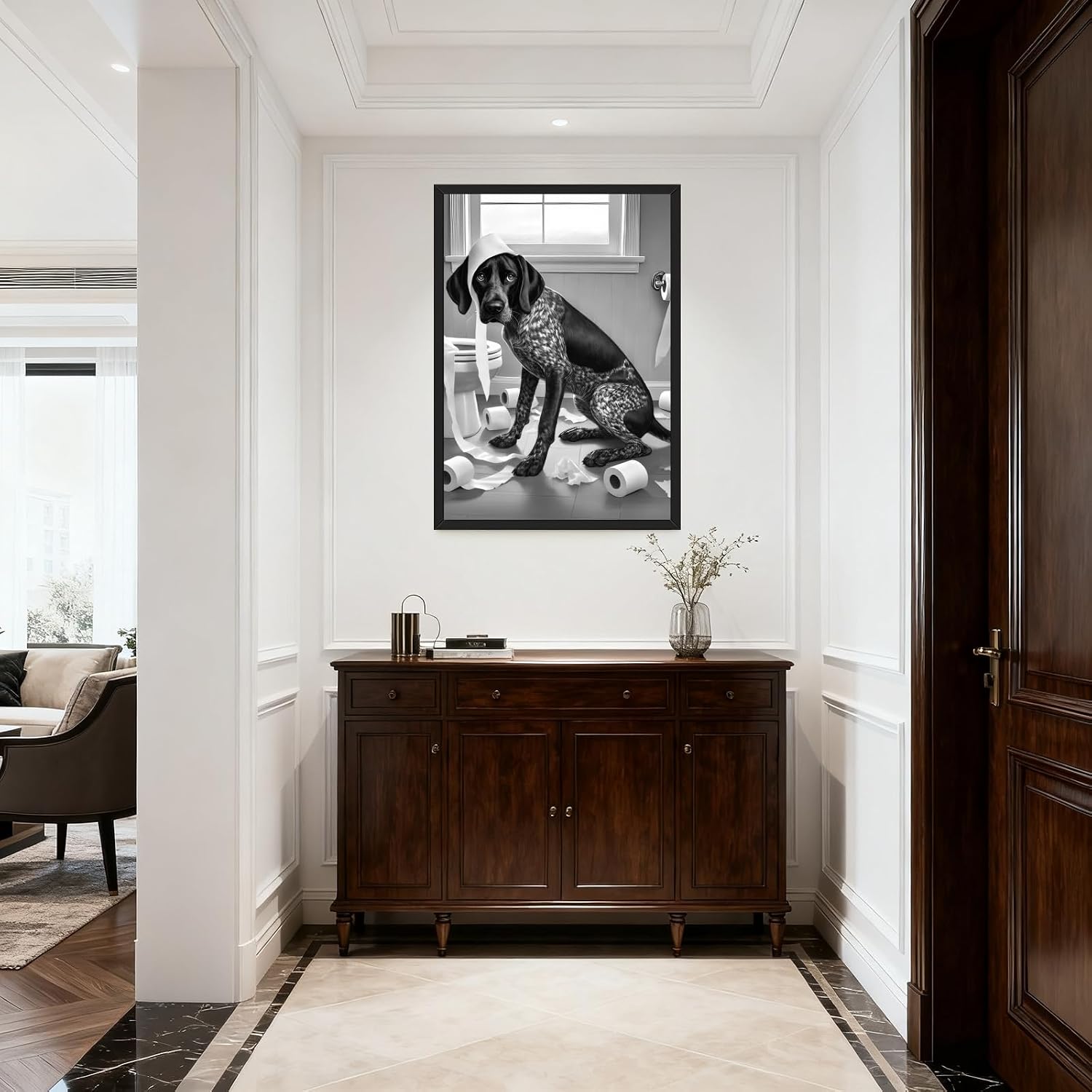 PMKXFGK Large Framed Wall Art Mischievous Dog Toilet Paper Disaster Poster Black German Shorthaired Pointer Dog Canvas Print Funny Pet Animal Pictures for Bathroom Toilet Decor 24x36inch Black Frame