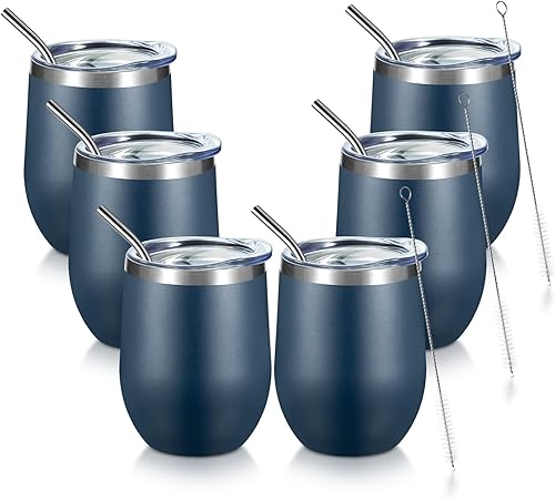 Miniatura 15 de COMOOO Vaso de vino de 12 onzas con tapa y popote, copa de vino de acero inoxidable, copa de vino de doble pared aislada al vacío para vino, Blanco