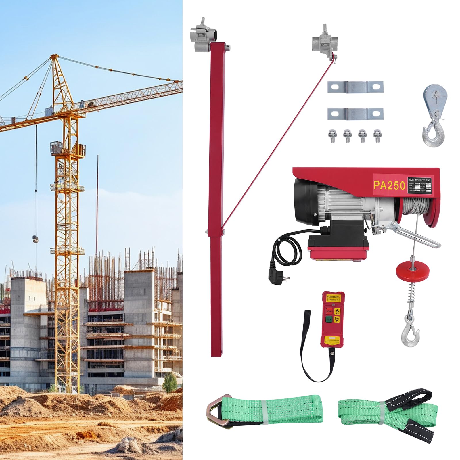 Verricello elettrico, altezza di sollevamento, 12 m, controllo senza fili, 250 kg, capacità di carico per agricoltura e cantieri, sollevamento sicuro di carichi (con braccio girevole 1)