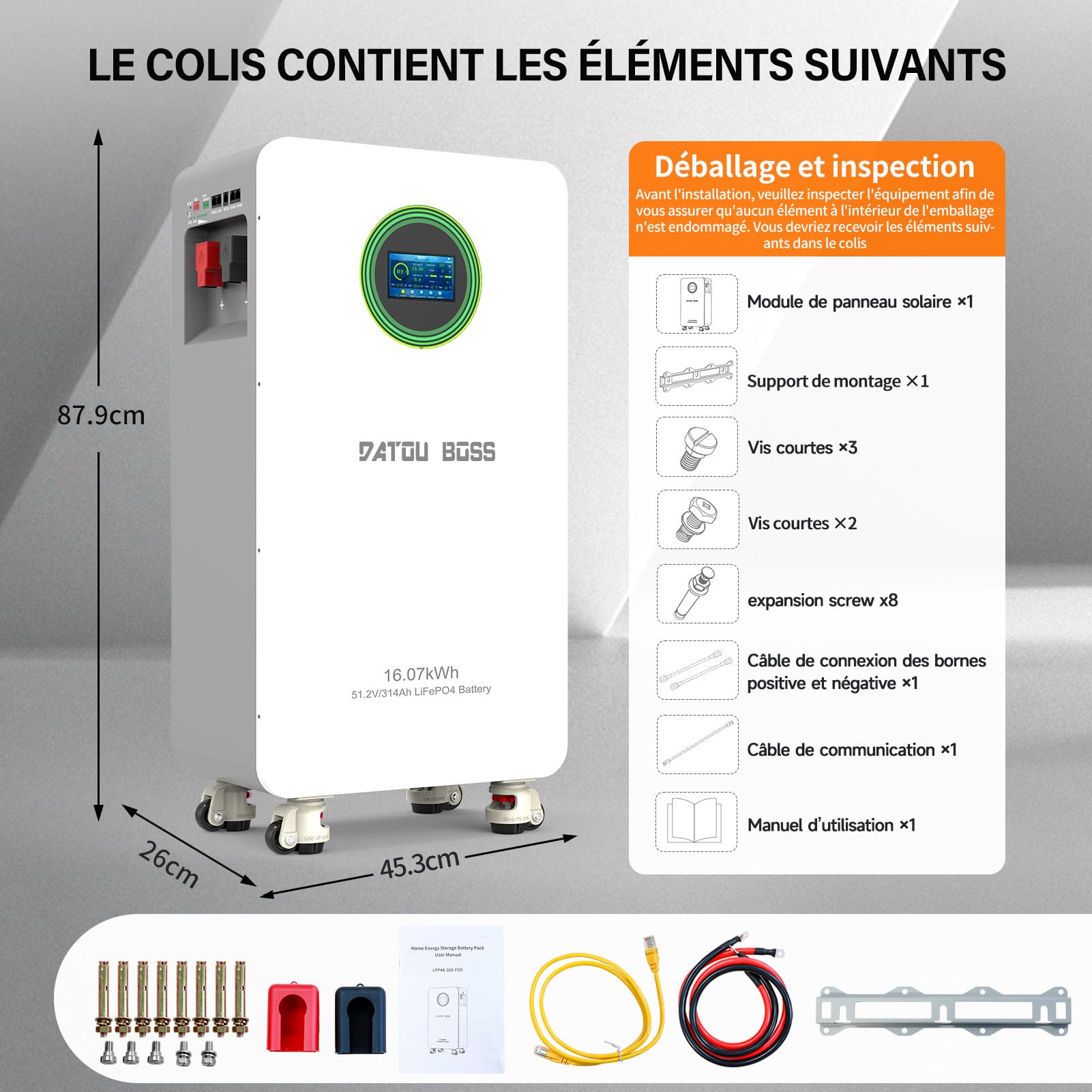 DATOUBOSS Batterie Lithium Fer Phosphate 48V 314Ah 16,07kWh, BMS 200A Intégré Écran LCD, Communication RS485/CAN, Stockage Énergie pour Maison, Système Solaire, Camping-Car et Applications Hors Réseau