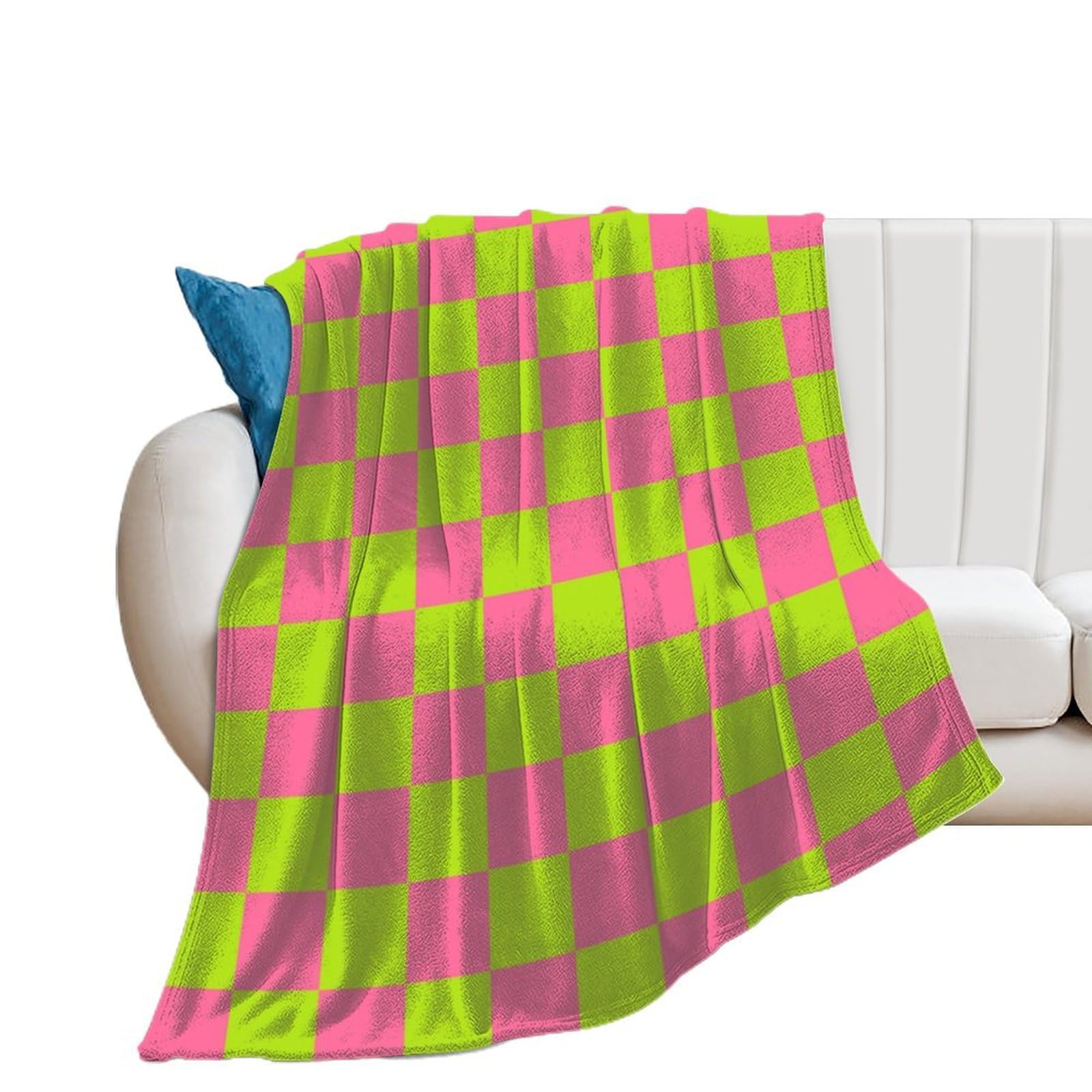 Couverture plaid écossais rose et vert lime lavable 152x203cm douce et légère pour canapé et lit