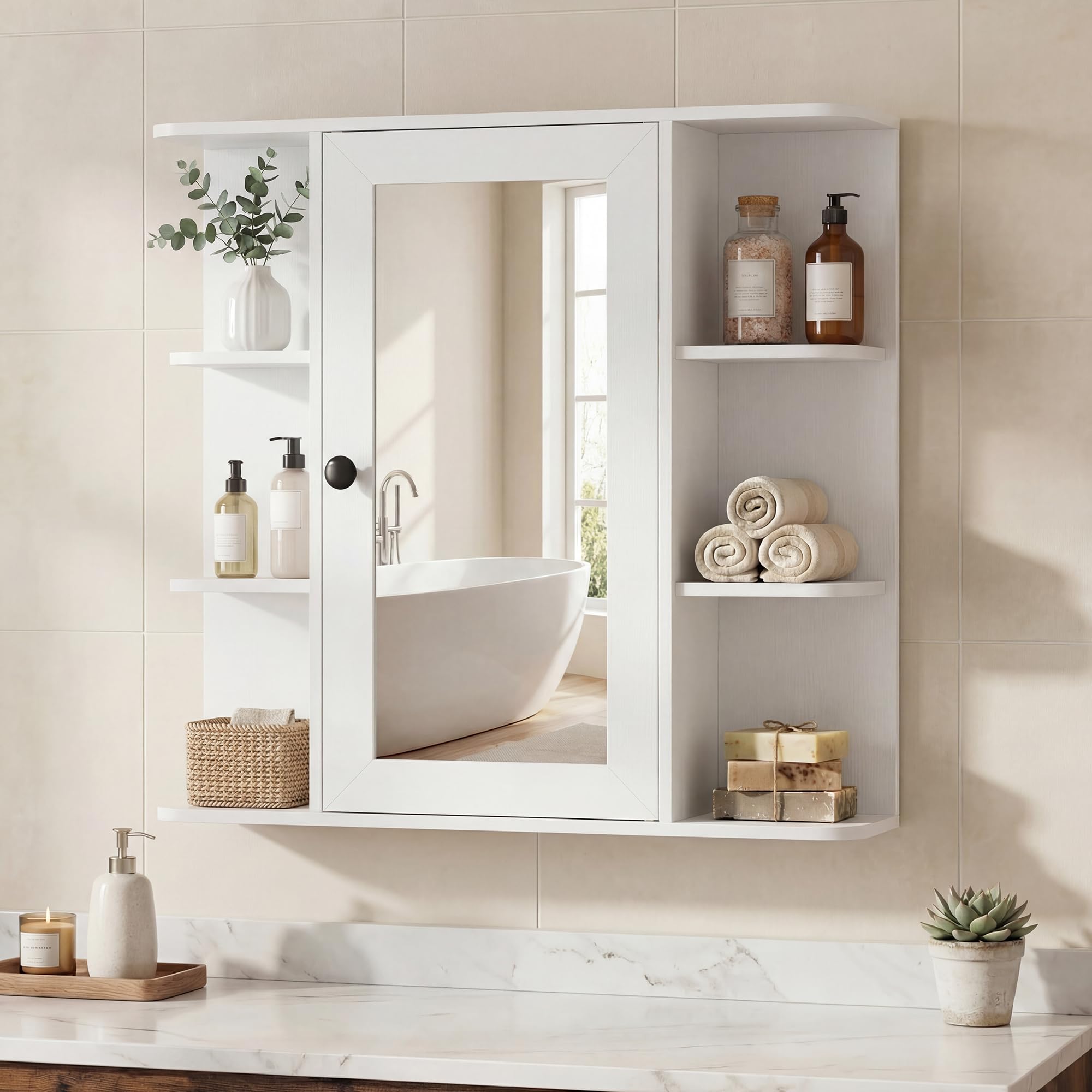 Armoire De Salle De Bain Avec Miroir LIFEZEAL - Meuble Mural 2 Portes 2 Étagères - Blanc 62x65x11,3 Cm