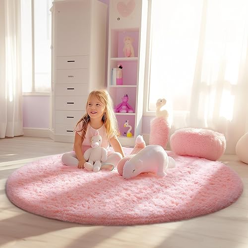 Miniatura 2 de Ophanie - Alfombra redonda de color rosa para dormitorio y niñas, alfombra de área peluda Kawaii mullida, felpa suave y lanuda de 4 pies, para