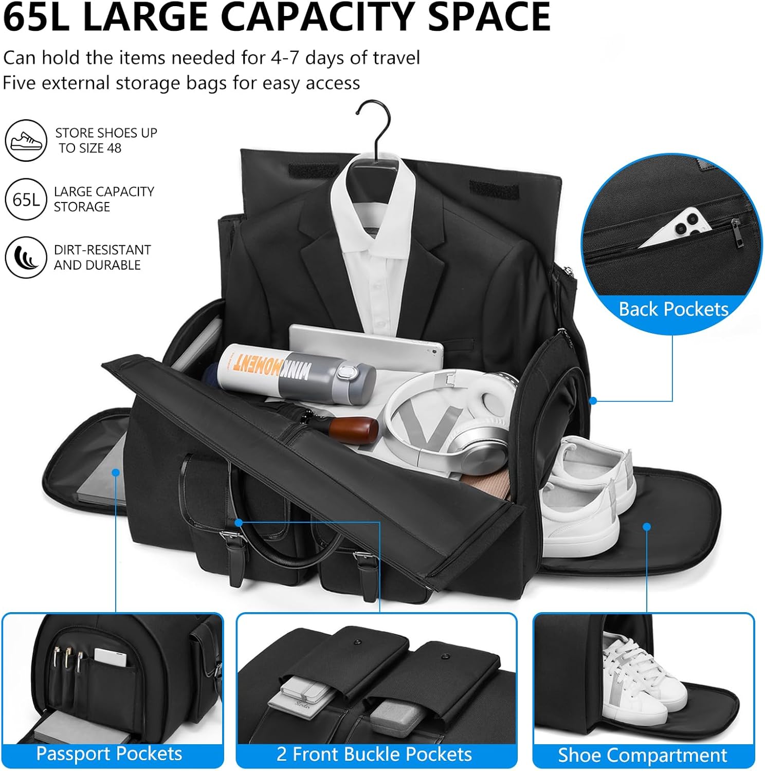 Carry-On Garment Bag for Travel, Convertible Duffel Bag for Men - 2 in 1 Large Luggage Dress Bag with Shoe Pouch - Image 3