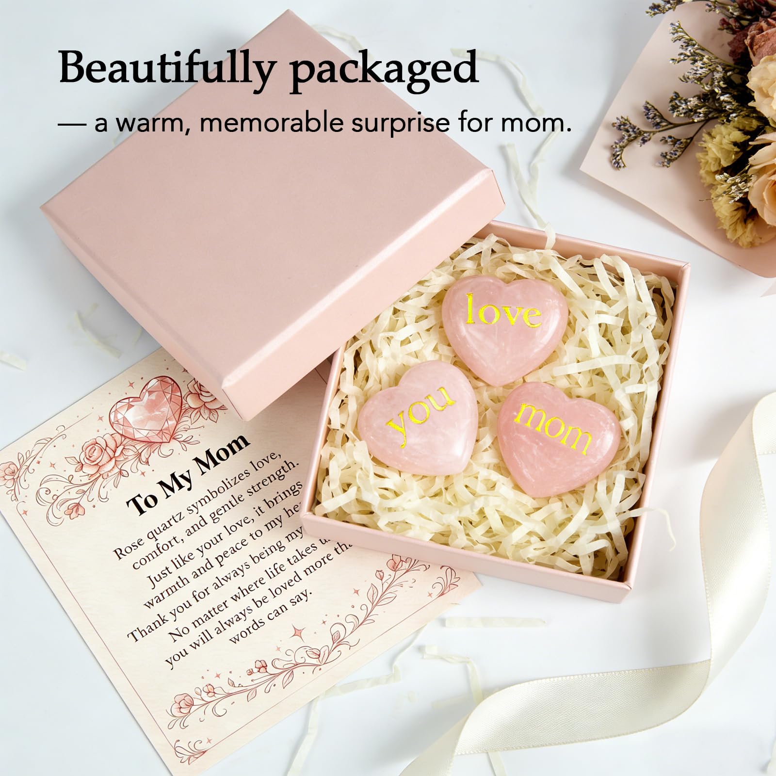 LIMGUVK Gift for Mom from Daughter Son, Engraved Rose Quartz Heart Crystal Gift Set, To My Mom Sentimental Keepsake, Love You Mom Birthday Thank You Appreciation and Just Because (Gold)
