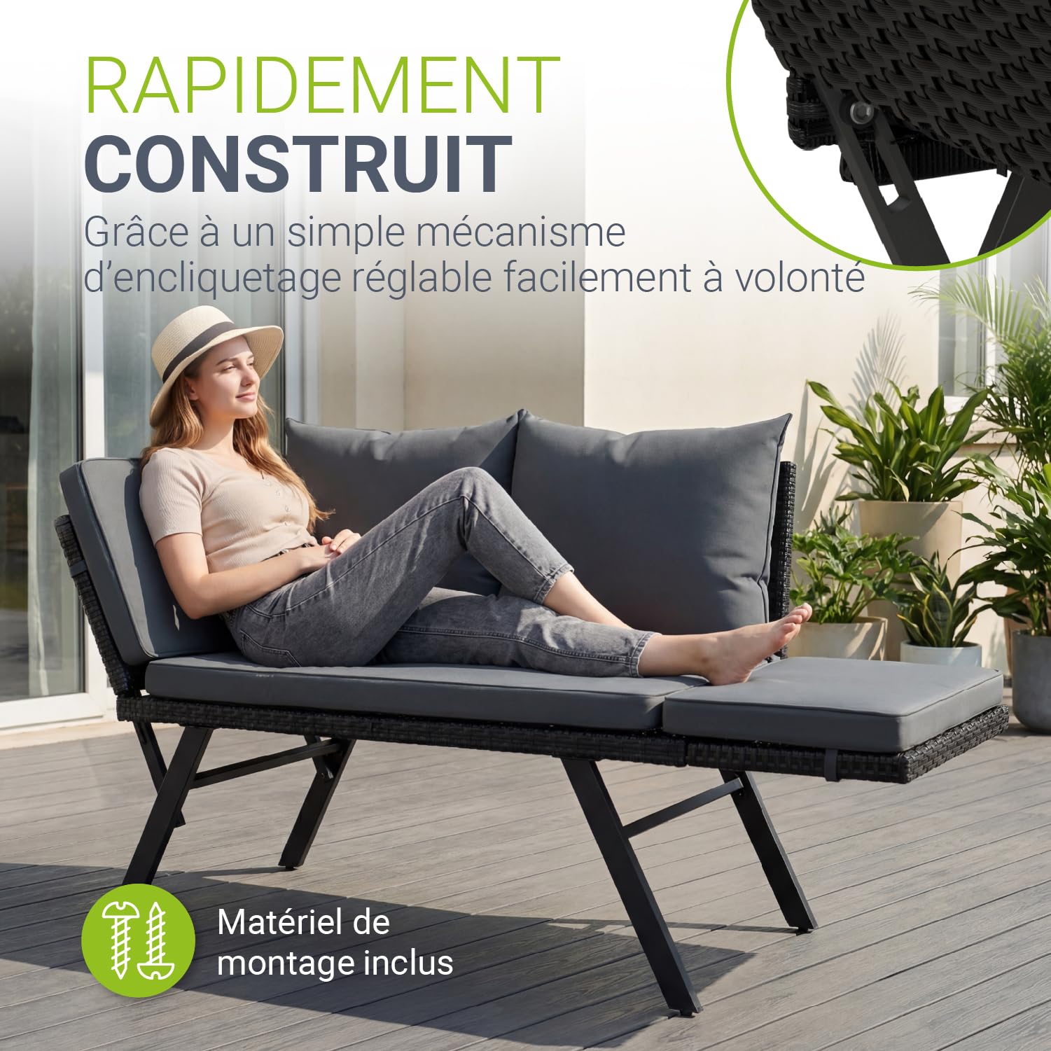 Juskys® Banc Multifonctions Calvia Noir/Gris - transat Pliable en polyrotin résistant, Banc Jardin Charge 240 kg