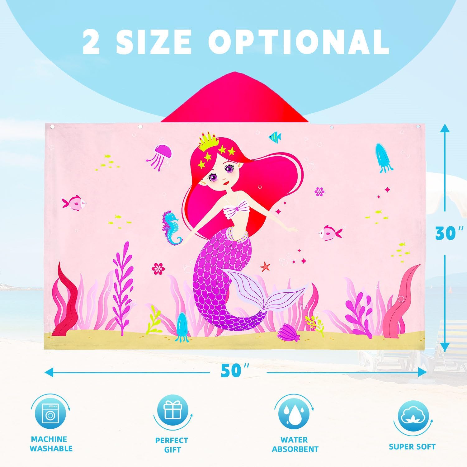 Bath Towels for Kids Ages 4-8 Beach Towels Mermaid Pink Pool Travel Swimming Bath Shower Towel for Girl Kids Beach Towel for Girls Polyester Hooded Towel 35 * 60