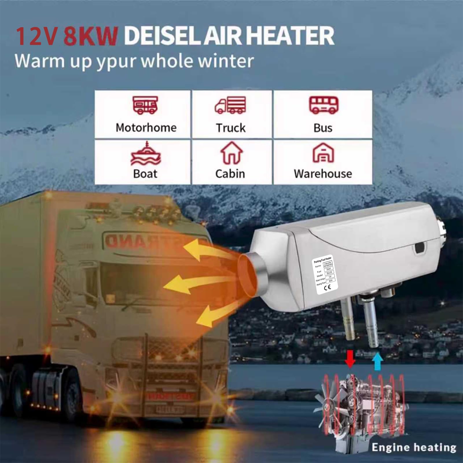 Chauffage Diesel 8kW 12V Chauffage Gasoil, Chauffage Intégré Eau et Air avec Écran LCD pour Chauffage et Eau Chaude dans Camping Car 12V, Utilisation Camions et Préchauffage Moteur Bateau