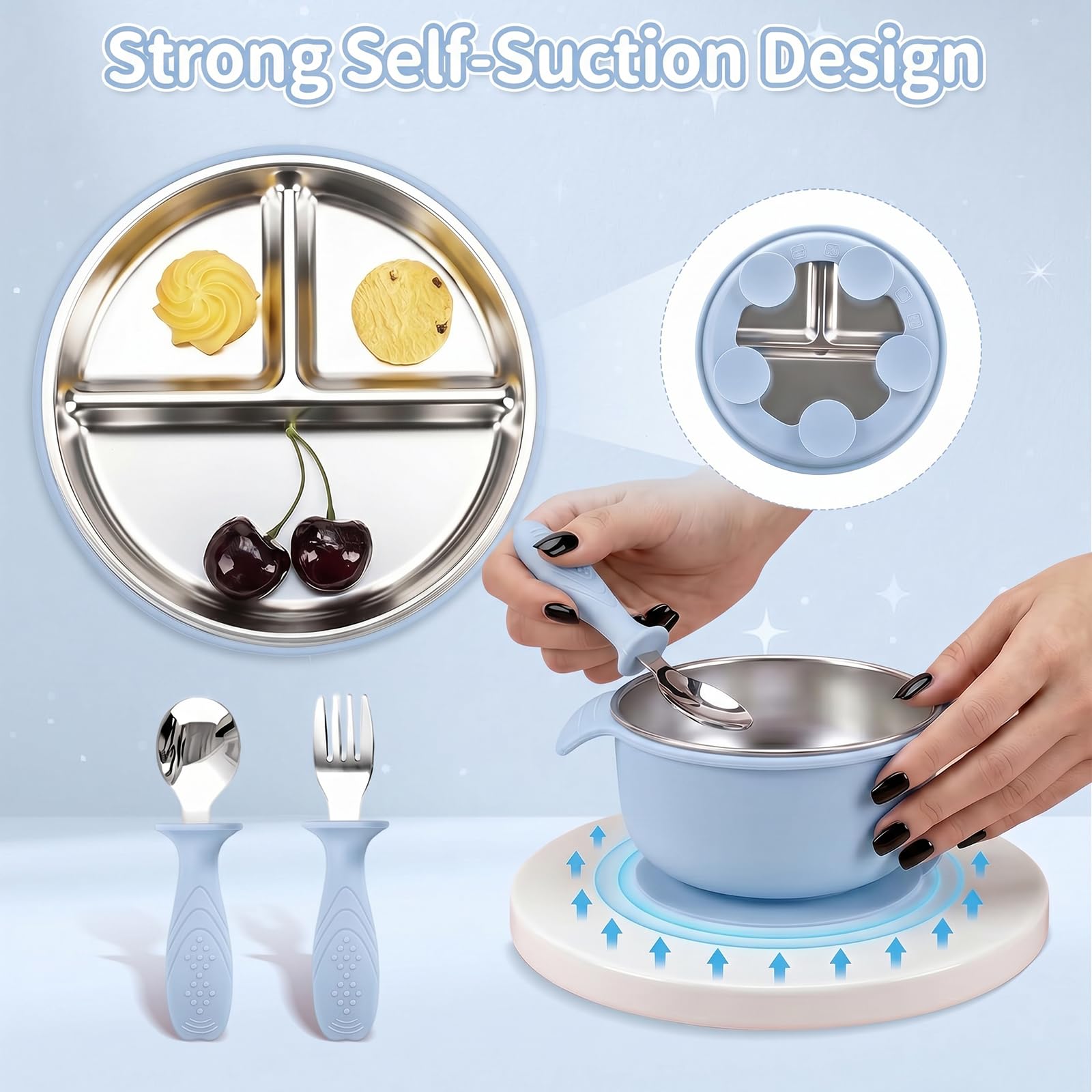 Cofanetto Pasto Bebè 5 Pezzi, Stoviglie in Silicone Antiscivolo con Ventosa: Piatto a 3 Scomparti, Ciotola, Bavaglino, Cucchiaio e Forchetta – Senza BPA per Neonati e Bambini (blu)