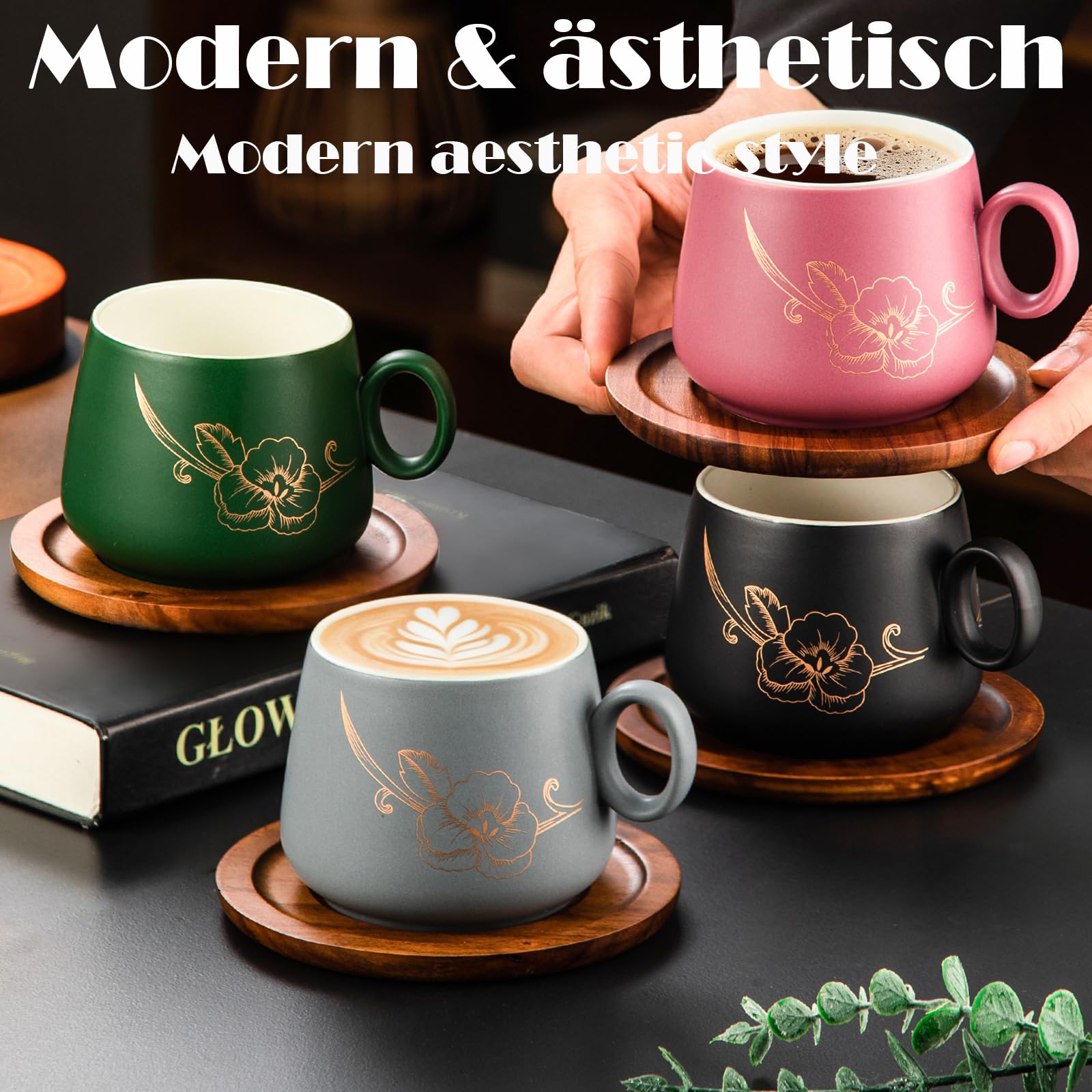 Yundu Matt-Keramik Cappuccino Tassen Set 4er-Set – 300ml Cappuccino Tassen mit Holzuntersetzern & Goldblumen-Design, Kaffeetassen Set mit Untertasse für Latte Art, Espressotassen, Tee