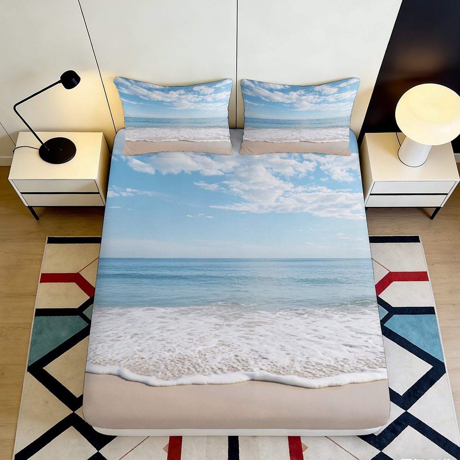 3D Printed Seaside Beach Fitted Sheet Microfiber Soft Breathable Ocean Wave Mattress Cover for Bedroom Decor 90x200x25cm
